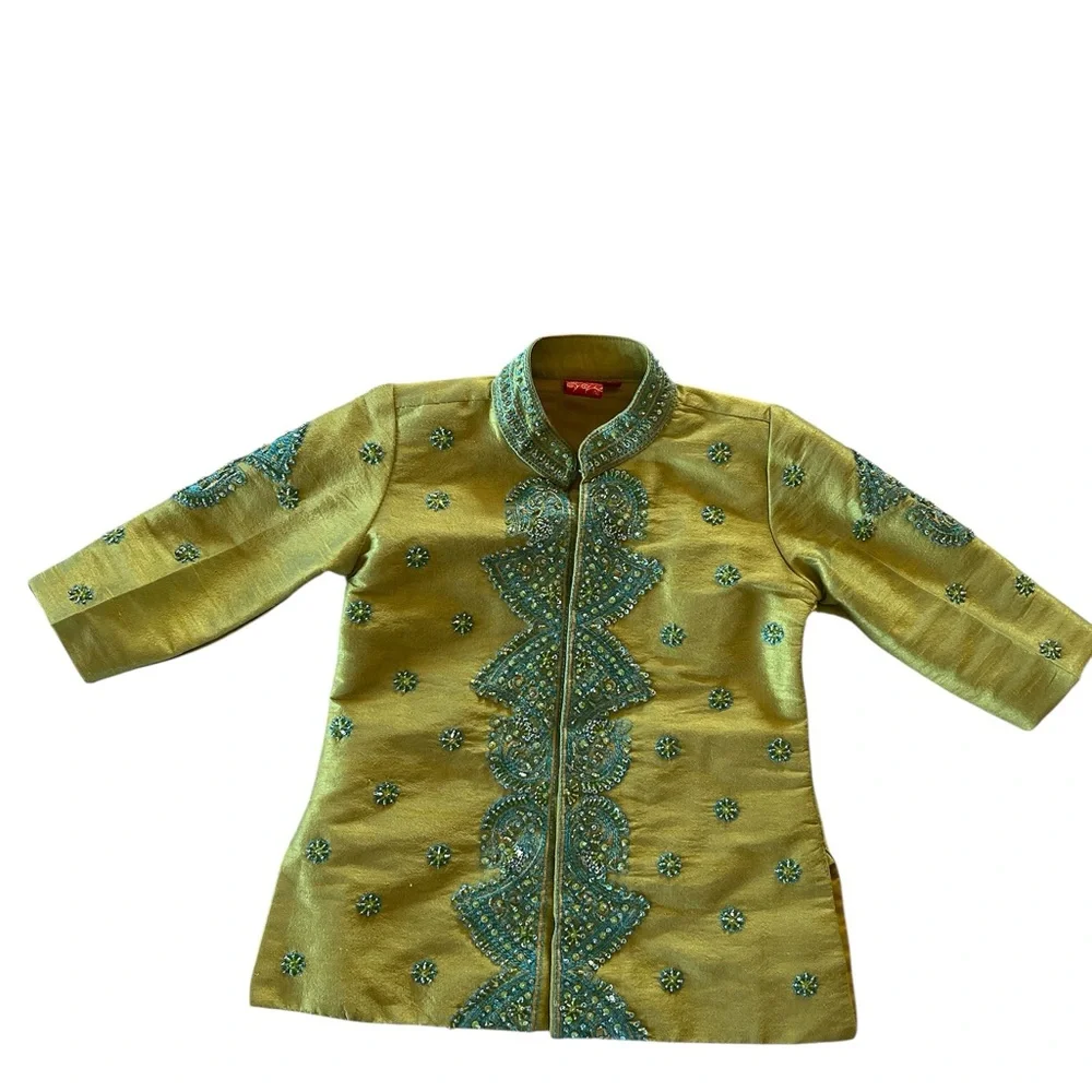 Boys Indian Wedding Sherwani Kurta Set Gold Teal Embroidered 9-12M Wedding